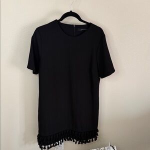 Zara Black Short Sleeve Top with Fringe Hem
